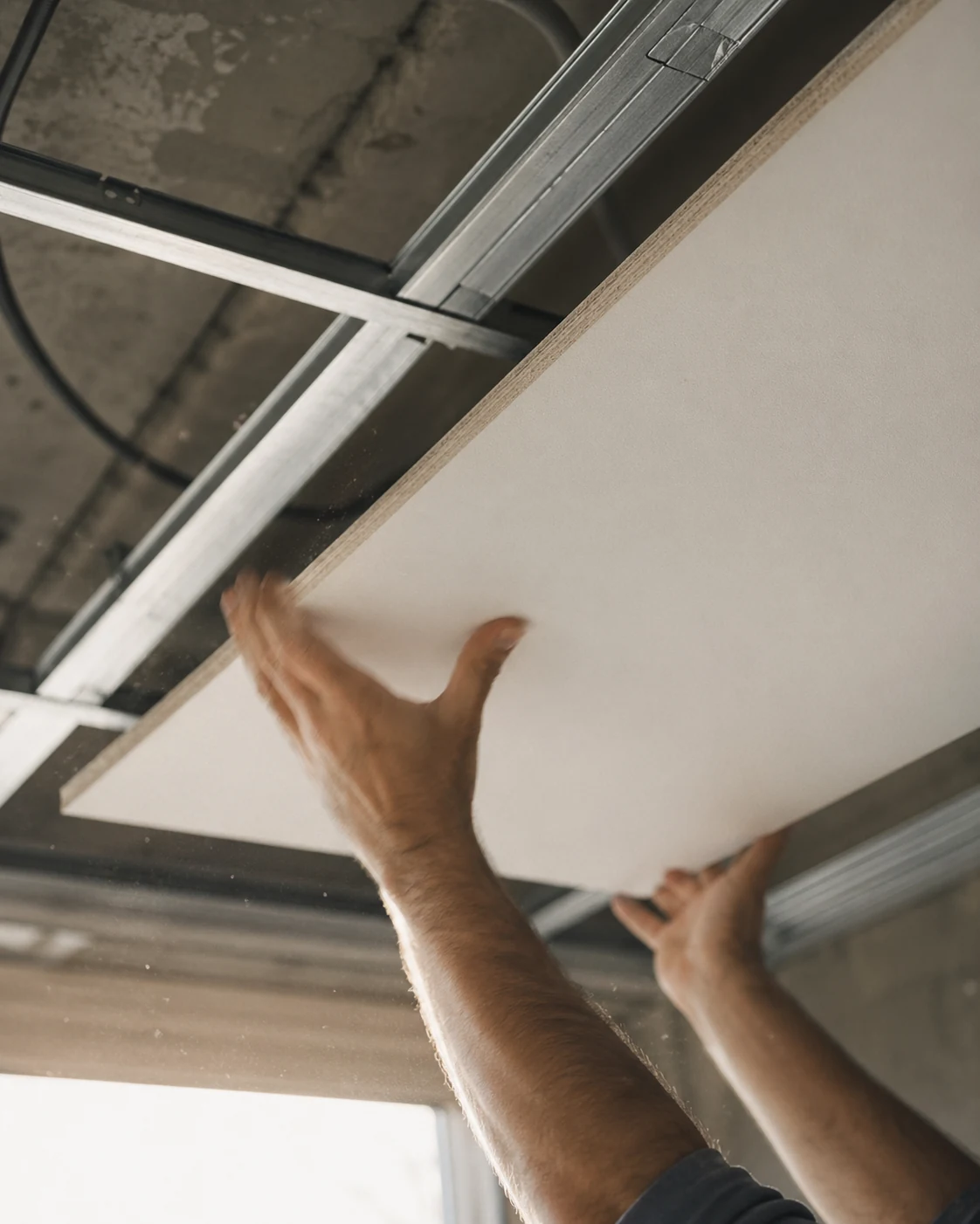 Handwerker bringt eine Akustikplatte an einer abgehängten Decke an