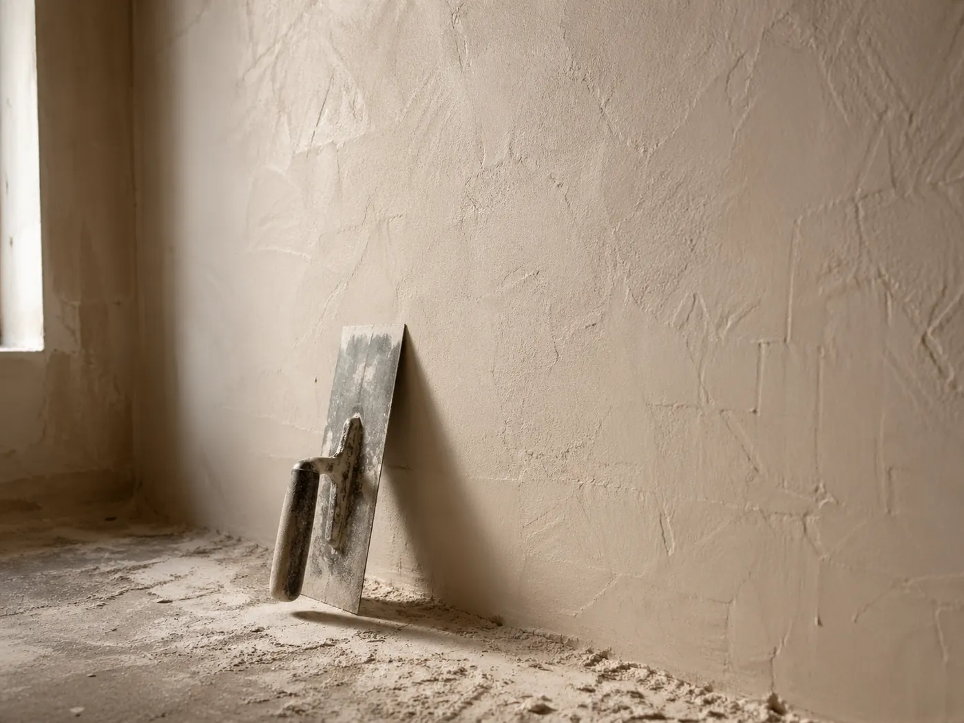 Frisch gespachtelte Trockenbauwand mit Spachtel