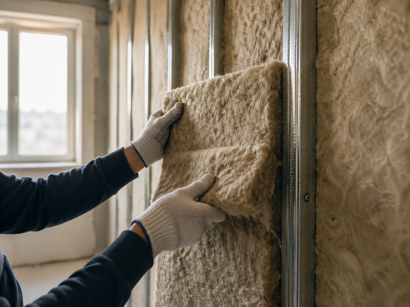 Mineralwolle wird in eine Ständerwand eingelegt