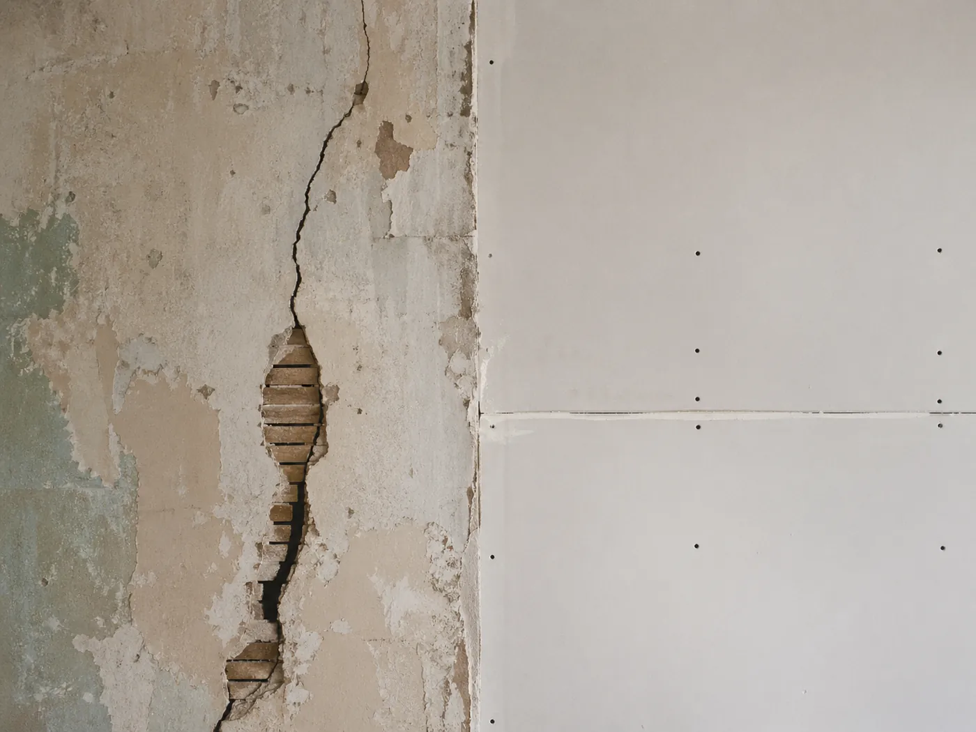 Vorher-Nachher-Detail einer sanierten Wand