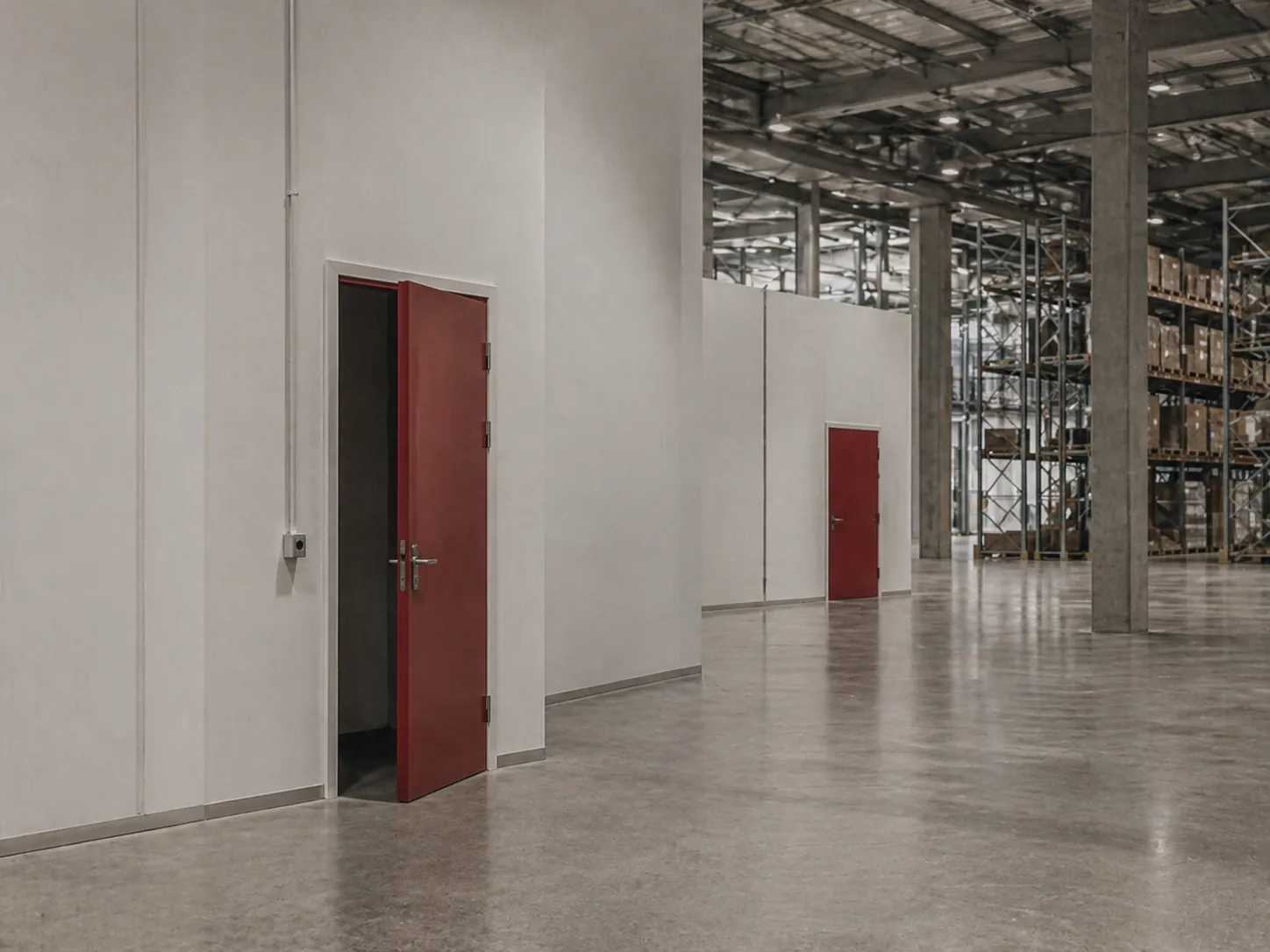 Lagerhalle mit roten Brandschutztüren und weißen Trennwänden