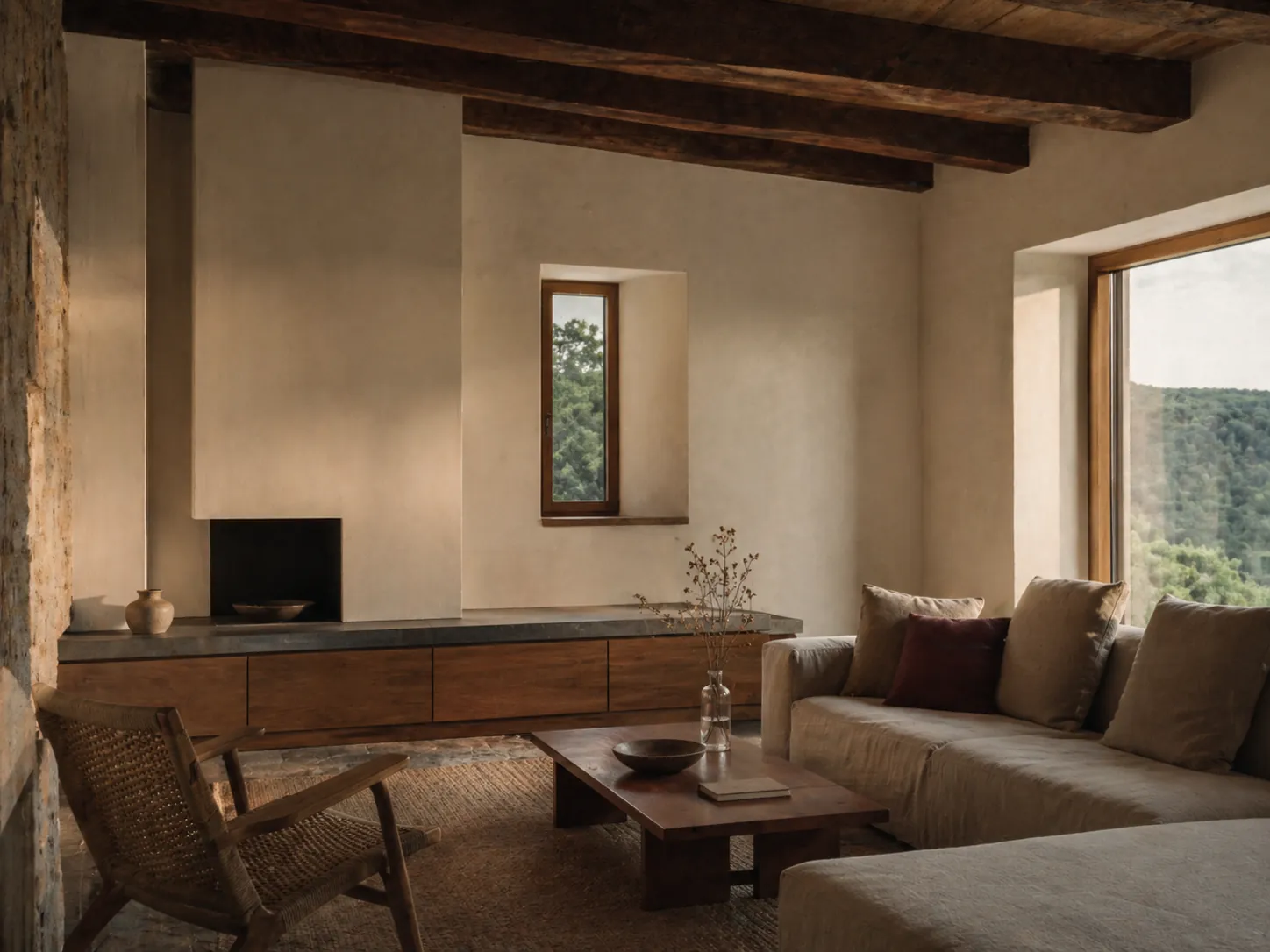 Saniertes Eifelhaus, Wohnzimmer mit sichtbaren Holzbalken